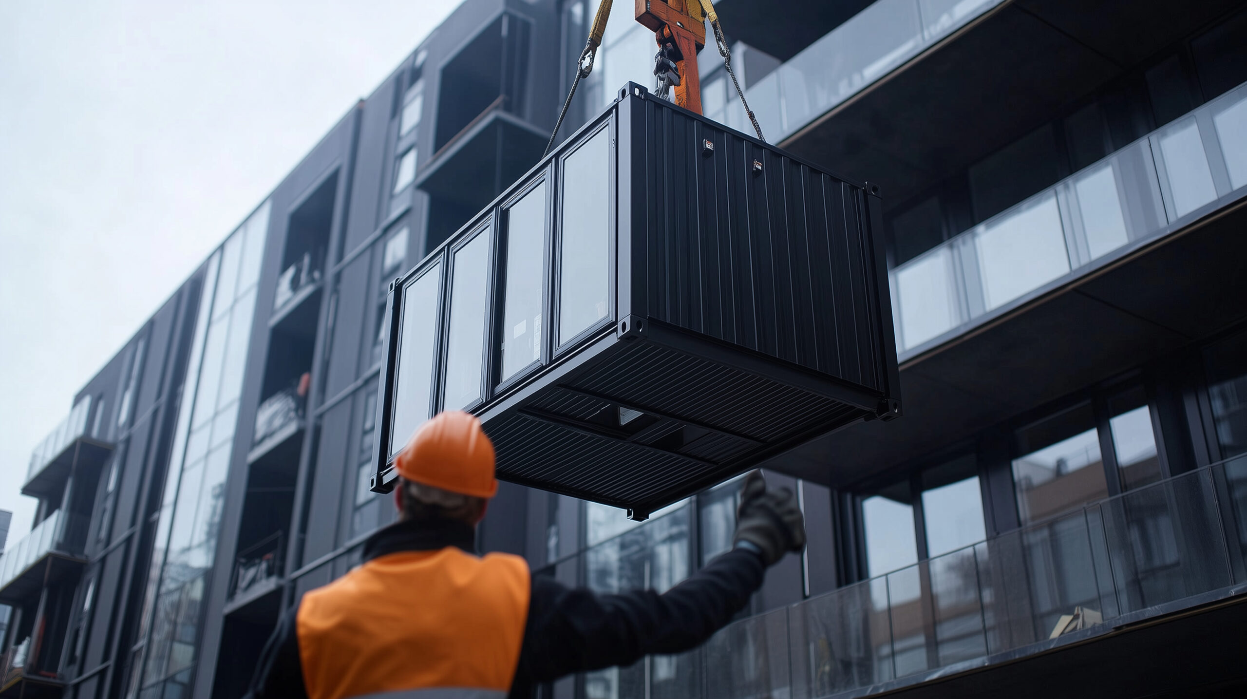 Close-up of a modular living container with a contemporary design, the balcony fully integrated into its structure, being delicately lifted by a crane.